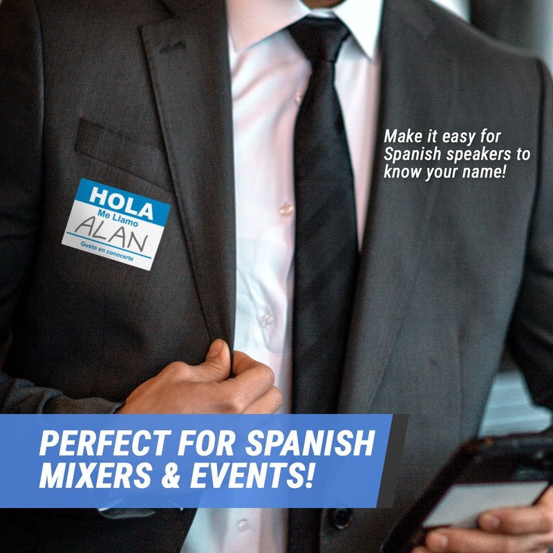 OfficeSmartLabels Spanish Name Tags (4 x 2.3 inch, Blue - 100 Labels) Hola, Me Llamo Badges Stickers for Events, Reunions & Meet and Greets - Fabric Safe - Image 4